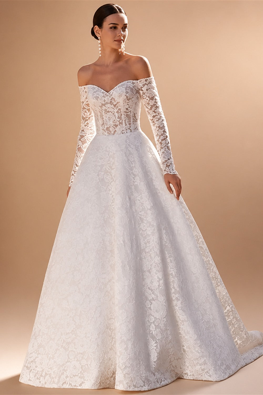 Custom Lace Wedding Dress Long Sleeve Sweetheart Beaded Sweep Train Gown