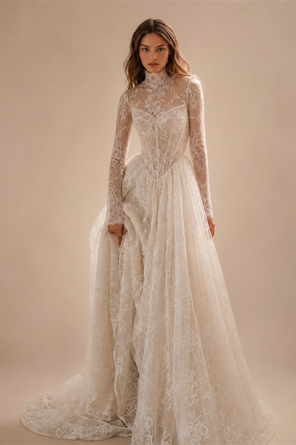 Sevintage Full Lace Ivory Wedding Dresses High Collar Long Sleeves Bridal Gowns Floor Length A-Line Wedding Gowns 2025 Customize