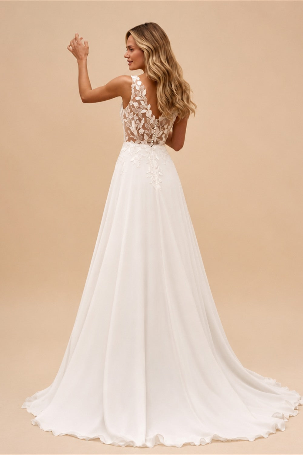 Boho A Line Chiffon Wedding Dress Sleeveless Deep V Lace Sheer Back Buttons Sweep Train Beach Bridal Gown Custom Vestido Novia