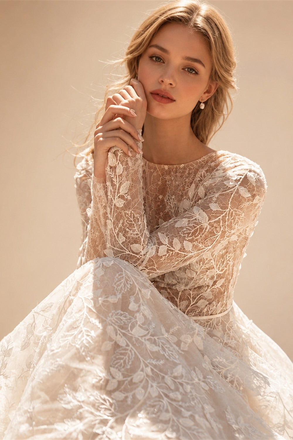 Aedmgh A-Line Boho Wedding Dresses O-Neck Long Sleeve Vestido De Novia Lace Appliques Pearls Sequined Custom Made Bridal Gown