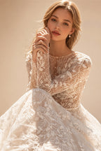 Aedmgh A-Line Boho Wedding Dresses O-Neck Long Sleeve Vestido De Novia Lace Appliques Pearls Sequined Custom Made Bridal Gown