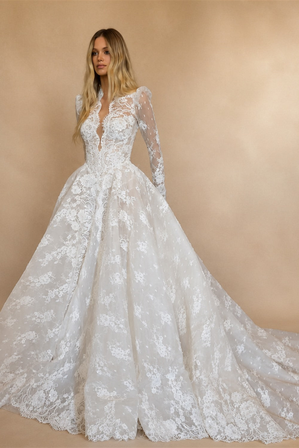 Luxury White High Neck Sequin Long Sleeve Lace A-Line Wedding Dress ZP094