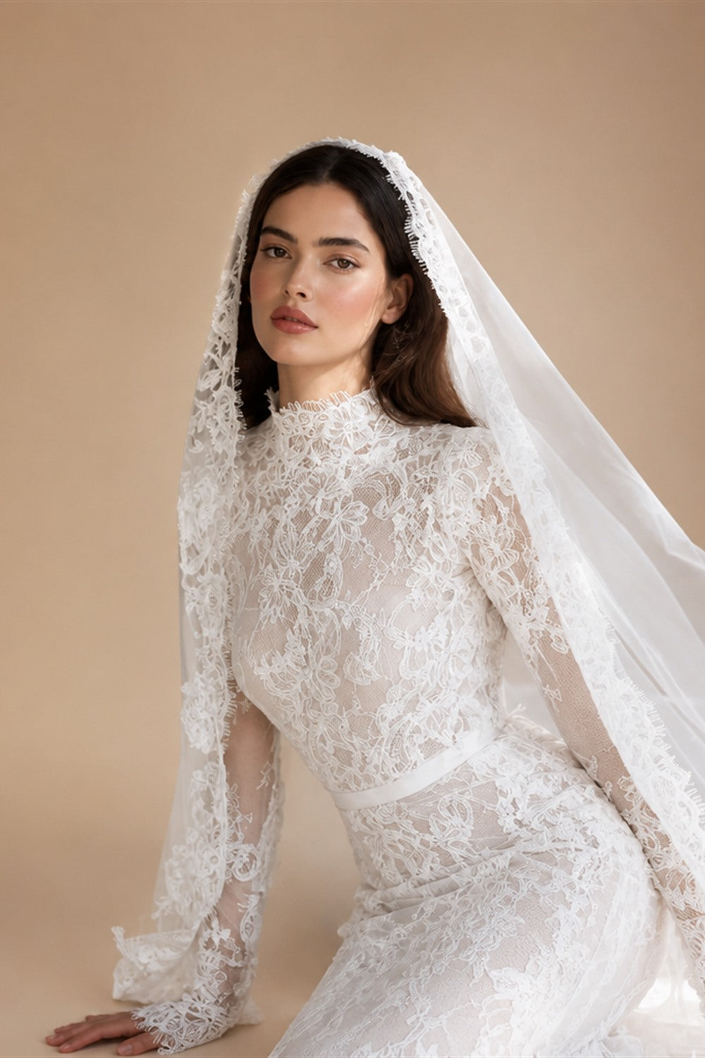 Semor Exquisite Lace High Neck Full Sleeve Wedding Dress Customized 2026 Trumpet Lace Applique Long Robe De Mariée Sweep Train
