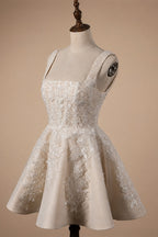 Romantic Champagne Sleeveless A-Line Short Wedding Dress with Deep V Back ZP046