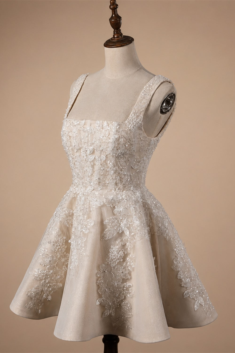 Romantic Champagne Sleeveless A-Line Short Wedding Dress with Deep V Back ZP046