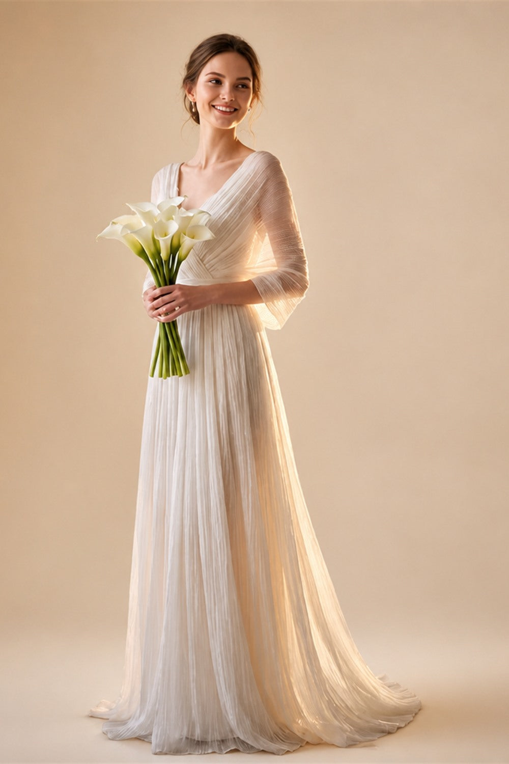 Grecian Boho Wedding Dress V‑Neck Batwing Sleeve Draped Ruched A‑Line Bridal Gown Sweep Train For Outdoor Garden Wedding