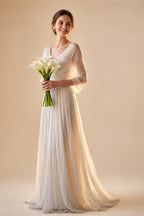 Grecian Boho Wedding Dress V‑Neck Batwing Sleeve Draped Ruched A‑Line Bridal Gown Sweep Train For Outdoor Garden Wedding