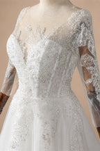 Glamorous White Illusion Neck Lace & Tulle Wedding Dress with Cathedral Train ZP063