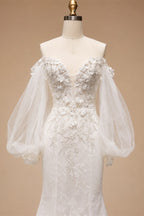 White  Off‑The‑Shoulder Puff Sleeve 3D Floral Mermaid Wedding Dress ZP005
