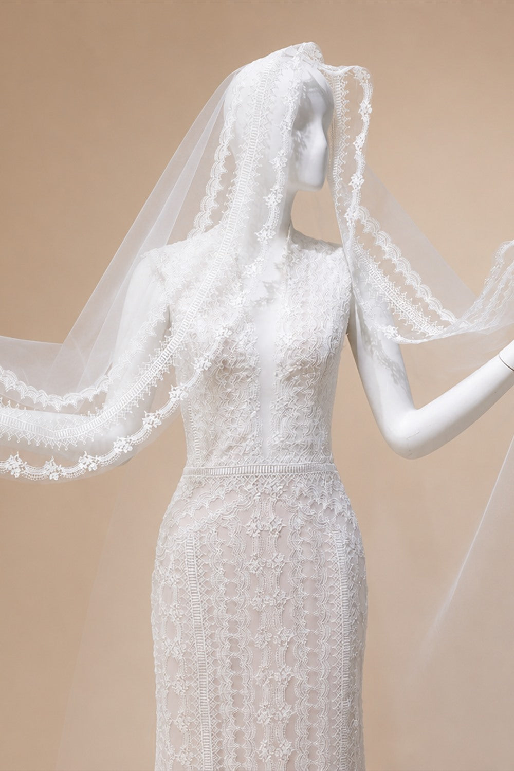 Elegant Ivory High Neck Sheer Lace Long Sleeves Mermaid Wedding Dress with Veil ZP085