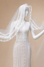 Elegant Ivory High Neck Sheer Lace Long Sleeves Mermaid Wedding Dress with Veil ZP085