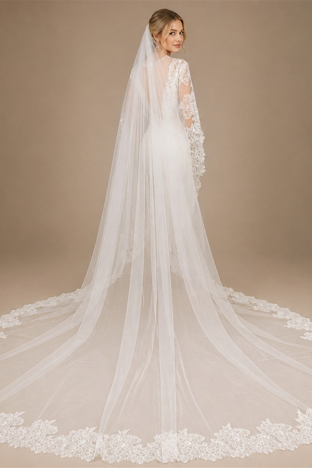 Customized Long Mantilla Veil with Eyelash Lace, 2.5m/3m Ivory Veil with Hidden Comb, Chantilly Eyelash Lace Wedding Veil