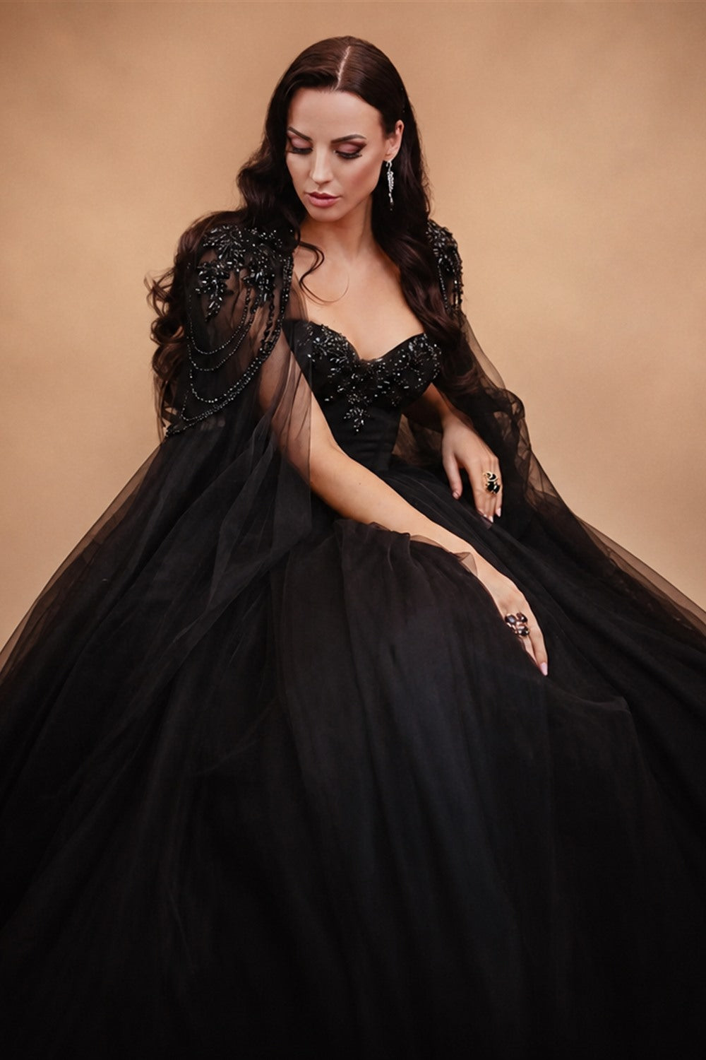 Black Luxury Gothic  Wedding Dress Beaded Tulle Ball Gown With Sheer Beaded Cape ZP028