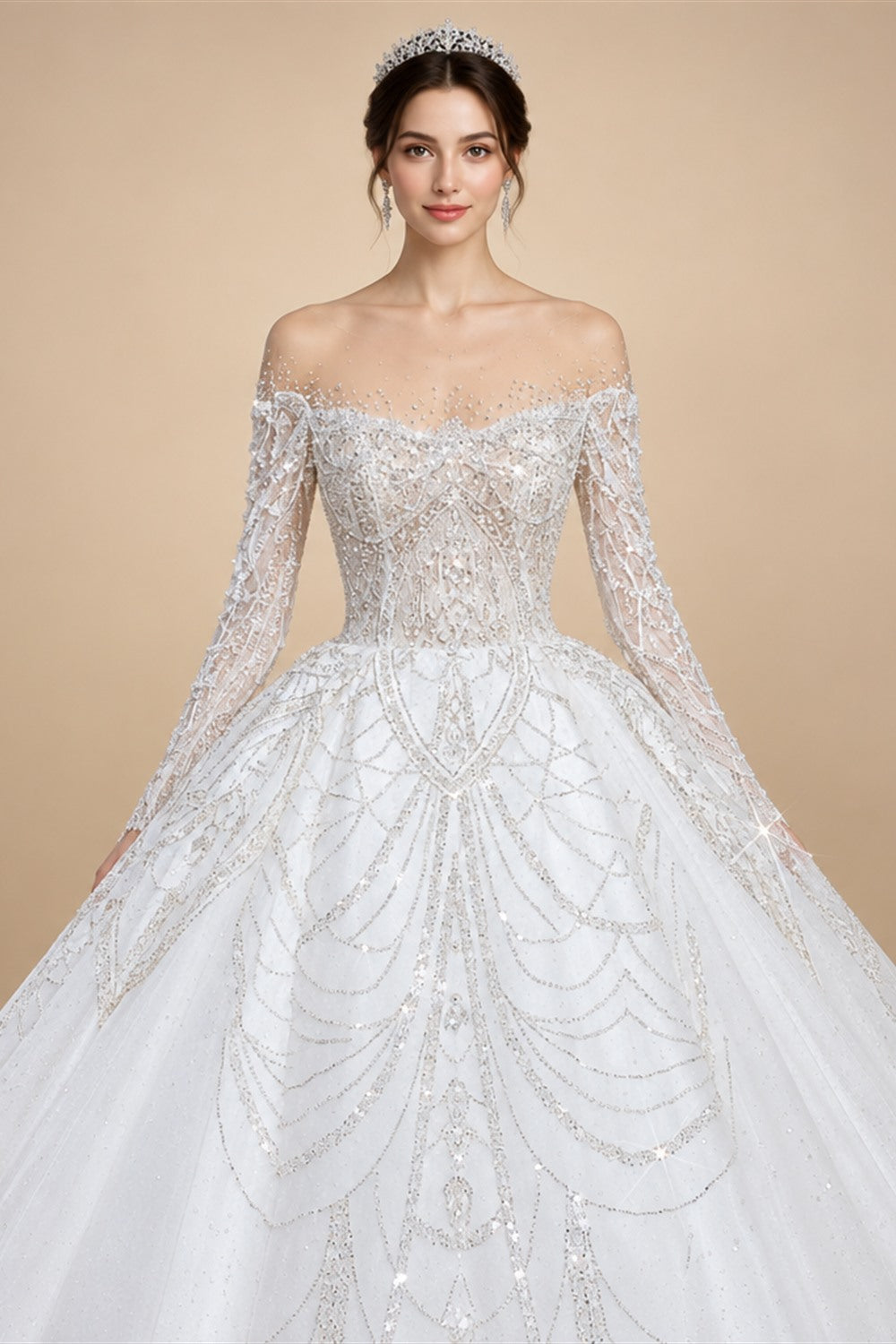 Luxury Beaded Long Sleeve Ball Gown Wedding Dress ZP184
