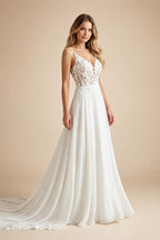 Women's Spaghetti Straps Deep V Backless Wedding Dresses Lace Appliques Chiffon Bridal Gown with Train Elegant Boho Bride Dress