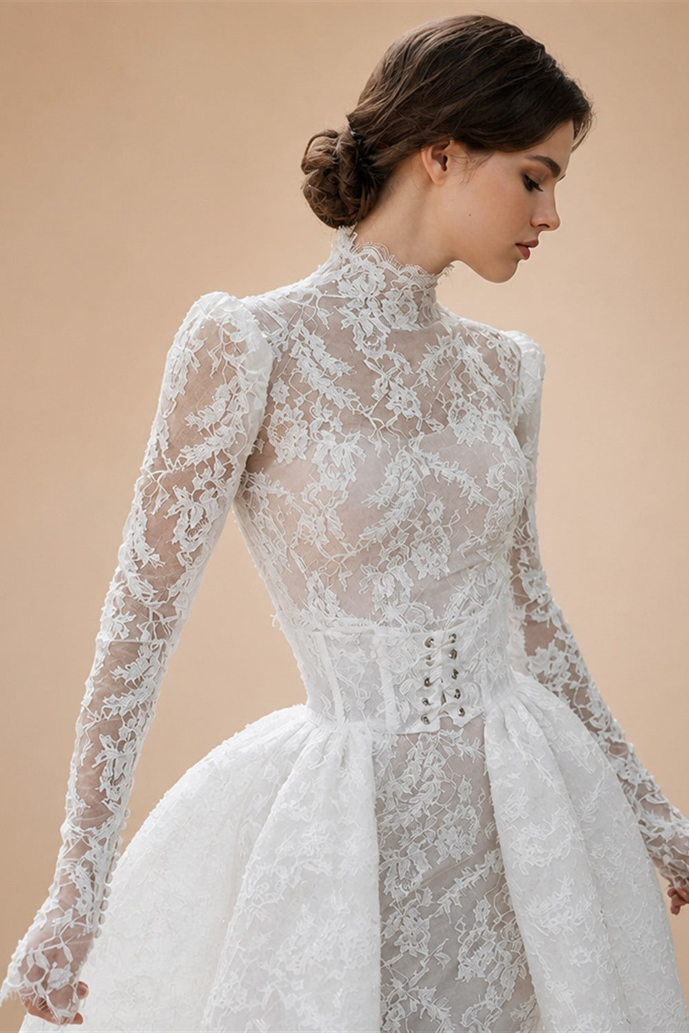 Mocaca Customized Luxury High Neck Lace Mermaid Wedding Dress Long Sleeve 2and1Detachable Train Bridal Gown Vestido De Novia