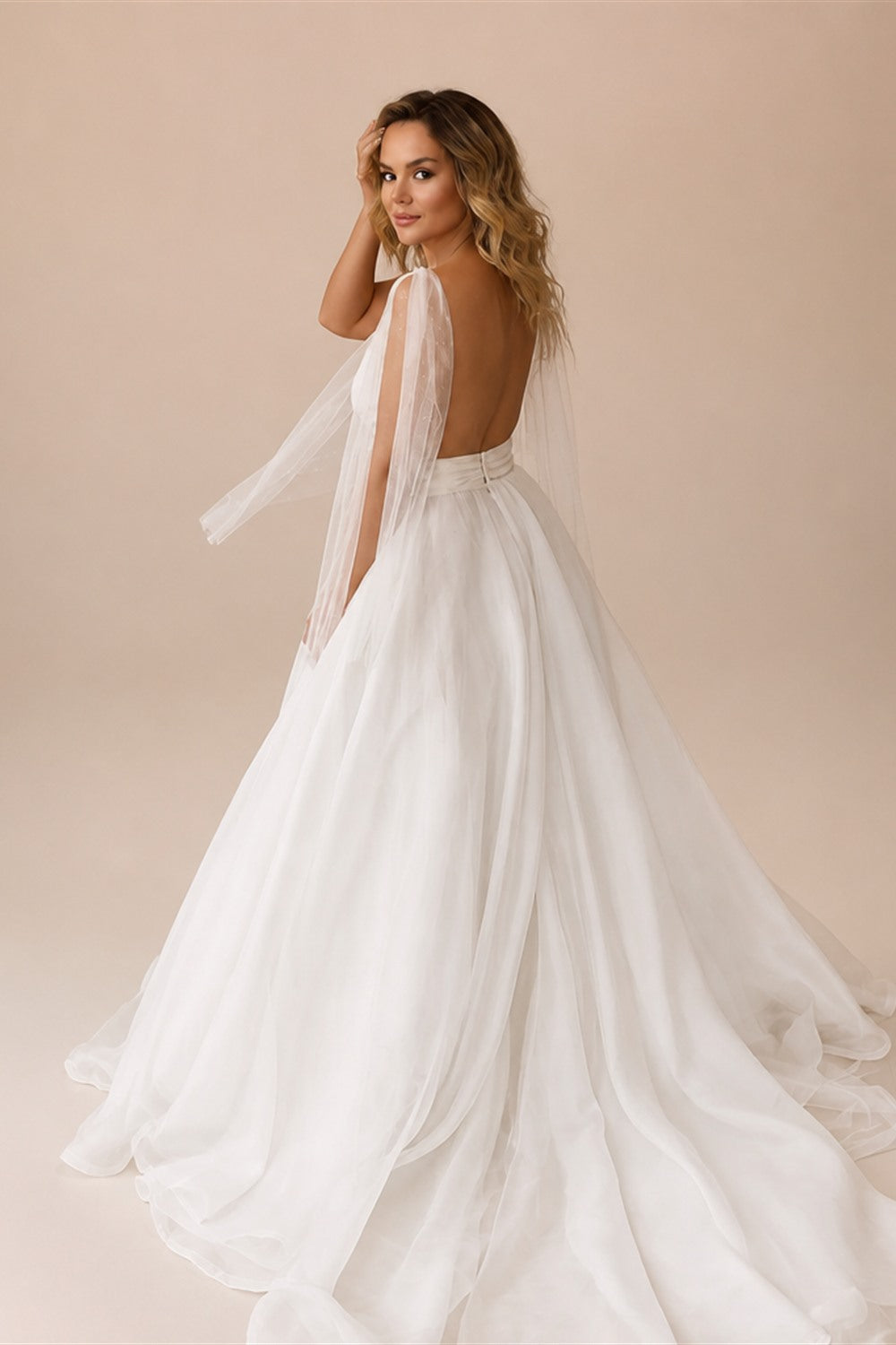 Customized Classic Deep V-neck Organza and Tulle Plus Size Wedding Dress Sexy Backless Court Bridal Gowns