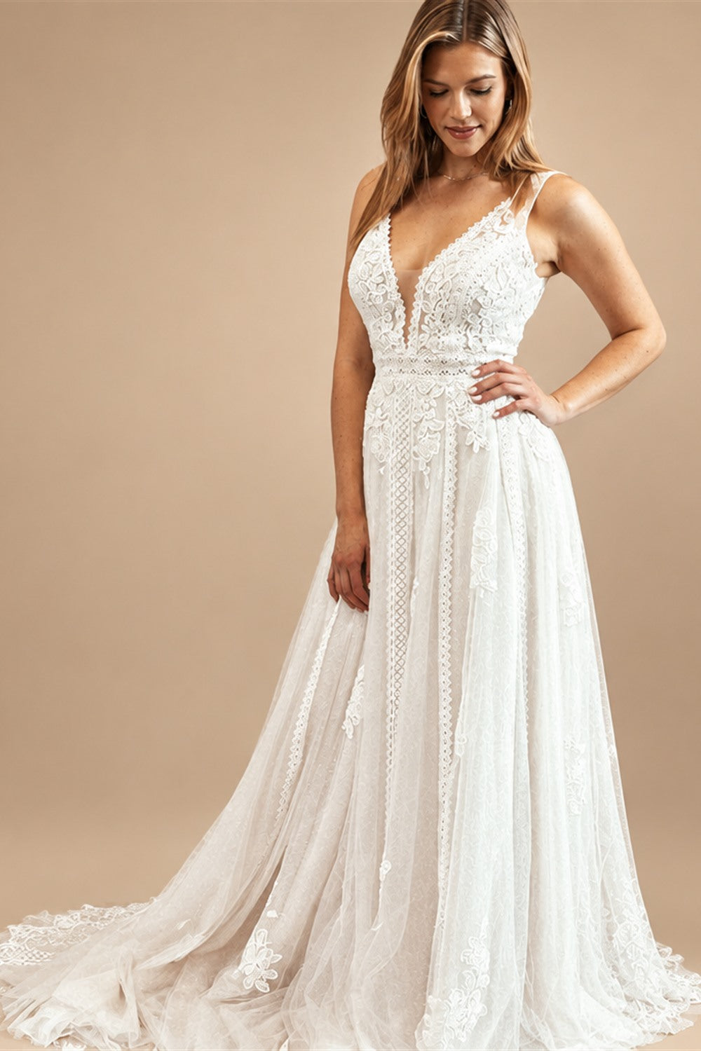 Boho Lace Applique Wedding Dress With Plunging V Neck For Beach Brides