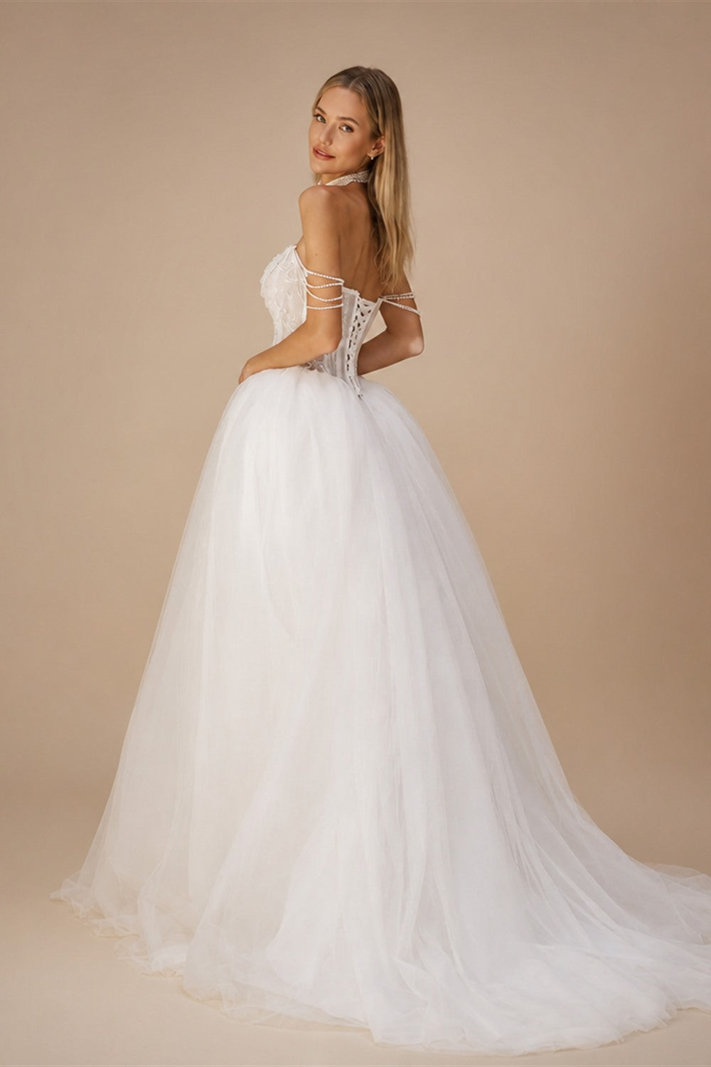 Kyoto Customized White Off-the-Shoulder Pearl Chain Wedding Dress A-Line Lace-Up vestidos de noche Court Train robe de mariée