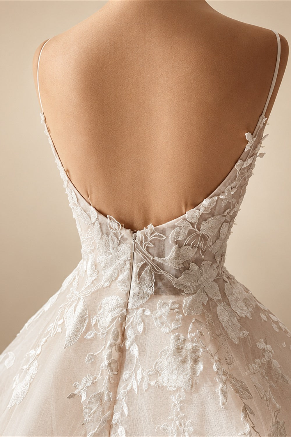 Luxury Champagne Lace Spaghetti Straps Wedding Dress For Bride