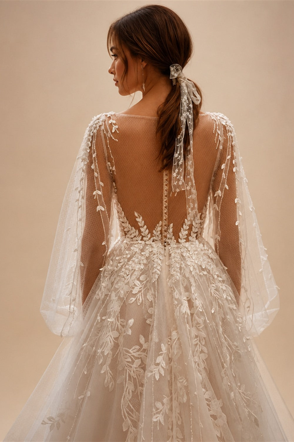Princess Wedding Dress Customized Puff Sleeves Illusion Back Buttons Applique Sweep Train Vestido De Noiva Bridal Gown