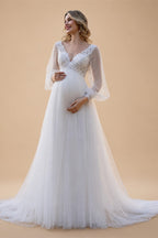 White Ivory Wedding Dress for Pregnant Bride Customized Puff Sleeve V Neck See Through Empire Bridal Gown Lace-up Robe De Mariee