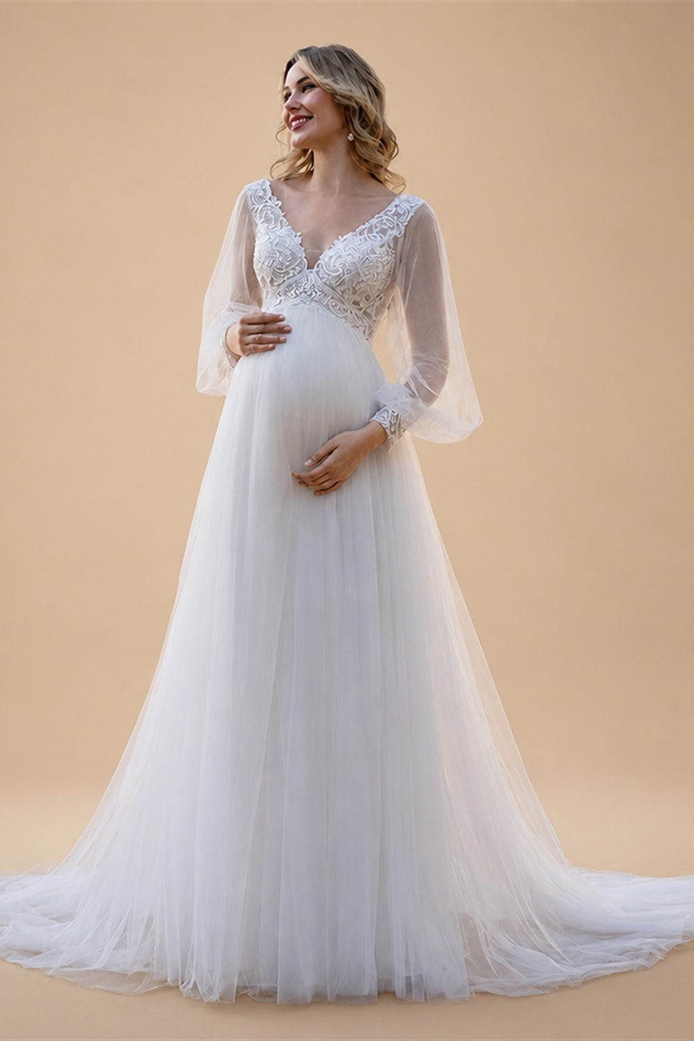White Ivory Wedding Dress for Pregnant Bride Customized Puff Sleeve V Neck See Through Empire Bridal Gown Lace-up Robe De Mariee
