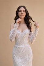 White Boho Romantic Lace Mermaid Wedding Dress Beaded Sequins With Lace Train ZP038
