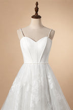Elegant White Spaghetti Strap Satin Bodice Lace Tulle Wedding Dress with Train ZP065