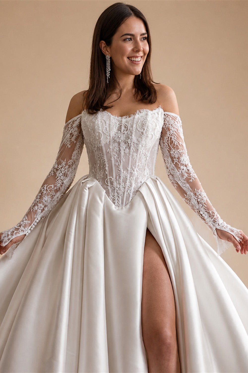 LORIE Lace Wedding Dress Sweetheart Split A-line Bride Gown Long Sleeve Customized Appiques Corset Bride Dress vestidos de novia