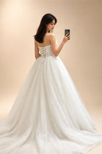 Sweetheart Strapless Ball gown Wedding Dress Lace Corset Bodice Satin Bow Waistband Pure Tulle Bridal Gown  Ivory Princess Bride
