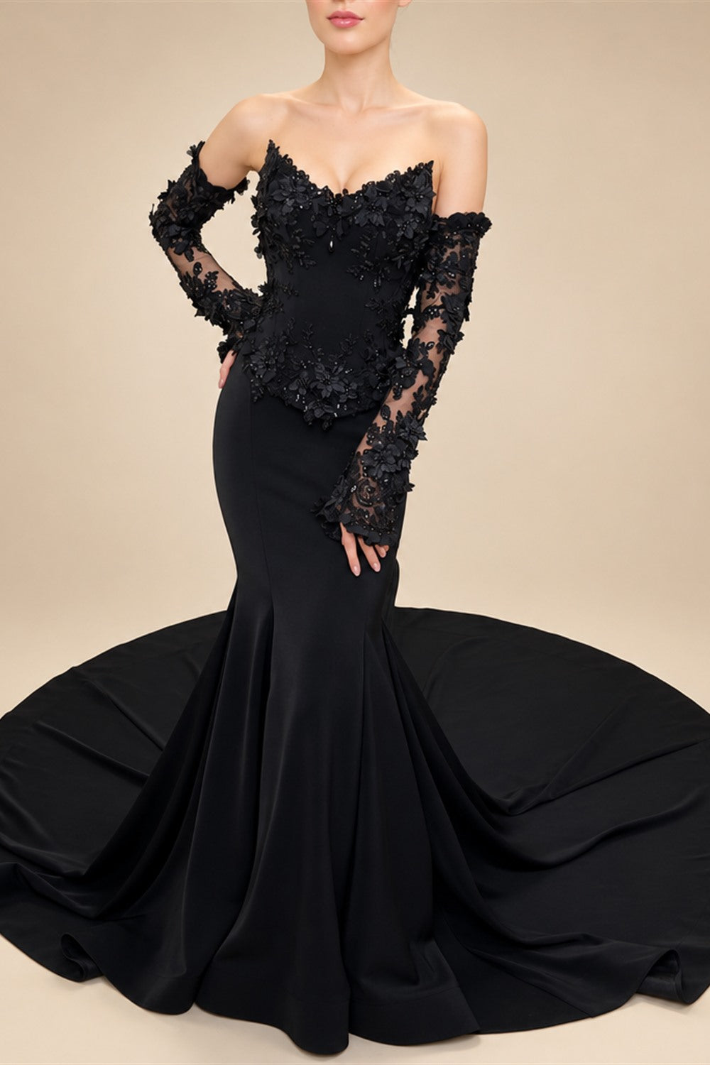 Black Luxury Gothic Wedding Dress Mermaid 3D Floral Lace  ZP195