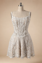 Luxury Ivory Beaded Lace Short Wedding Dress with Lace-Up Corset Back ZP059