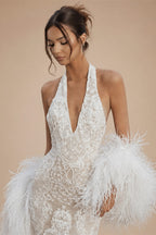 White Halter Backless Lace Mermaid Wedding Dress with Feather Shawl ZP003