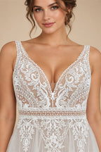 Custom Boho Lace Beach Wedding Dress V Neck Open Back Spaghetti Straps Gown