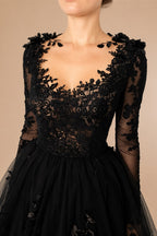 Black Luxury Gothic Wedding Dress 3D Floral Lace Tulle Sweep Train ZP026