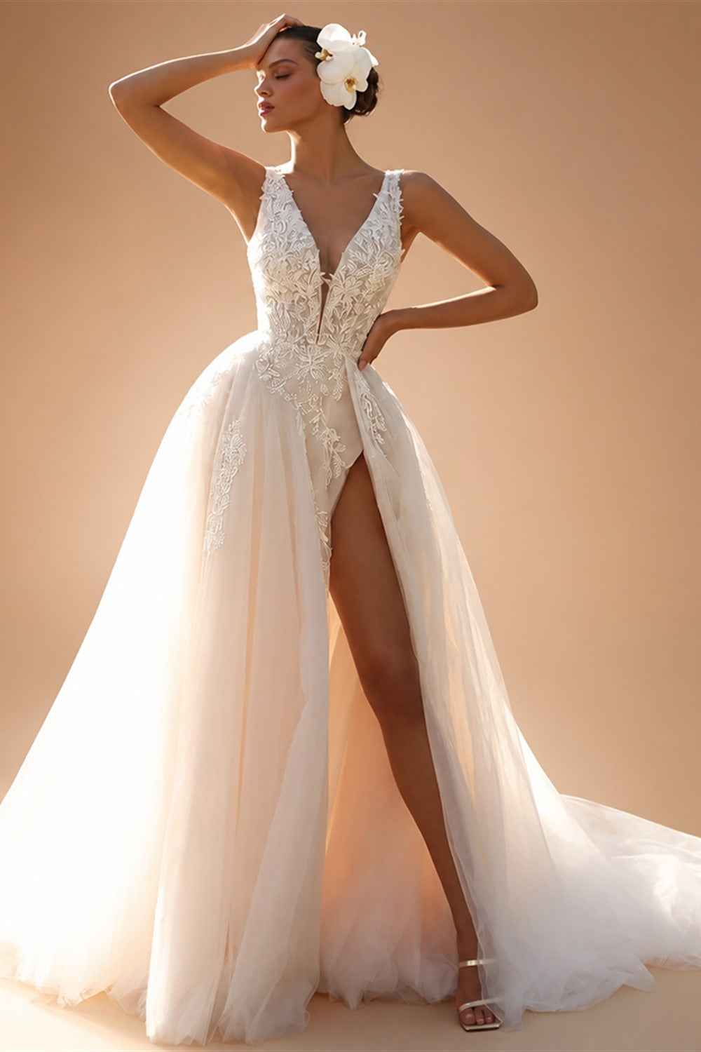 Romantic Deep V Neck Custom Bridal Gown With Floral Lace Sweep Train