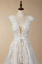 Elegant Ivory V-Neck Cap Sleeve A-Line Lace Tulle Wedding Dress ZP055
