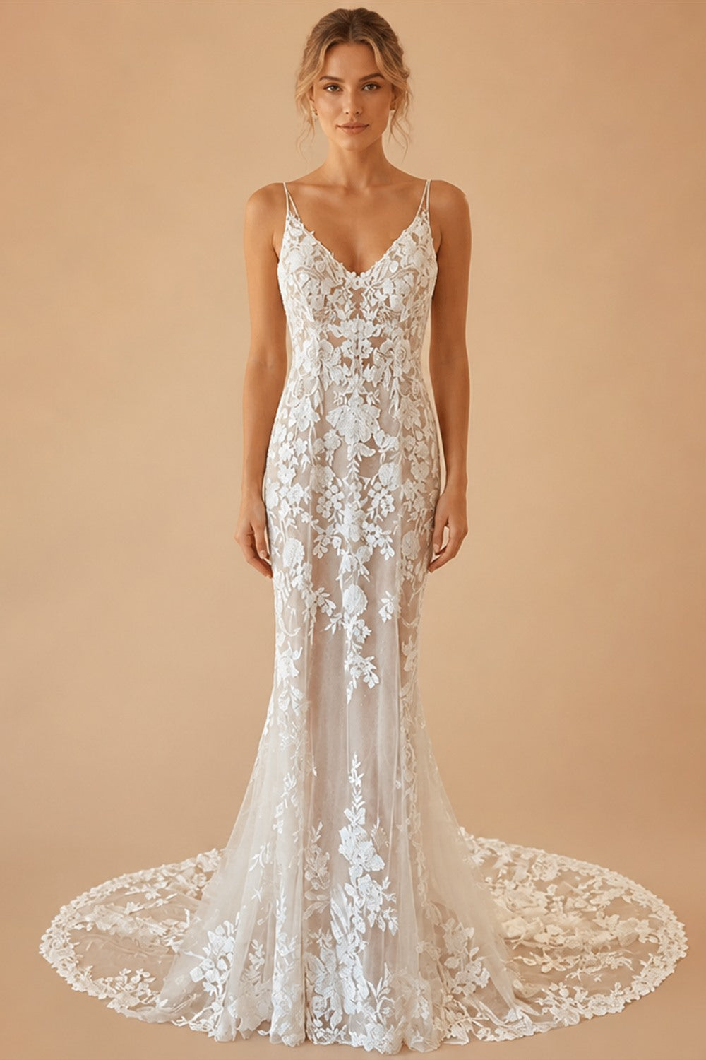 Custom Made Champagne Lace Mermaid Wedding Dress With Spaghetti Straps