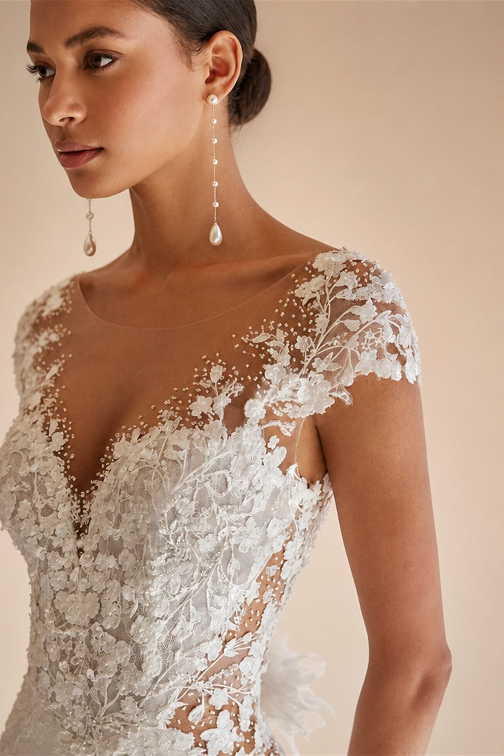 RoyceBridal Cap Sleeve Lace Mermaid Wedding Dress Low Back 3D Floral Appliques Bridal GownVestido De Novia Boda Customized