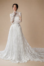 Classic Ivory Lace High Neck Long Sleeve A-Line Wedding Dress with Veil ZP107