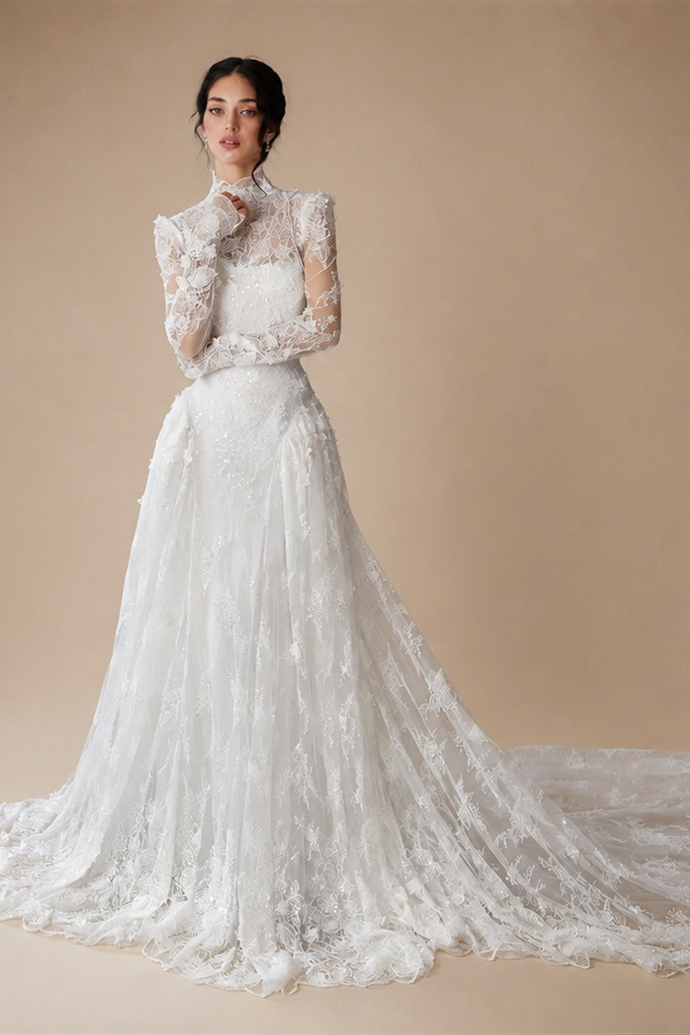 Classic Ivory Lace High Neck Long Sleeve A-Line Wedding Dress with Veil ZP107