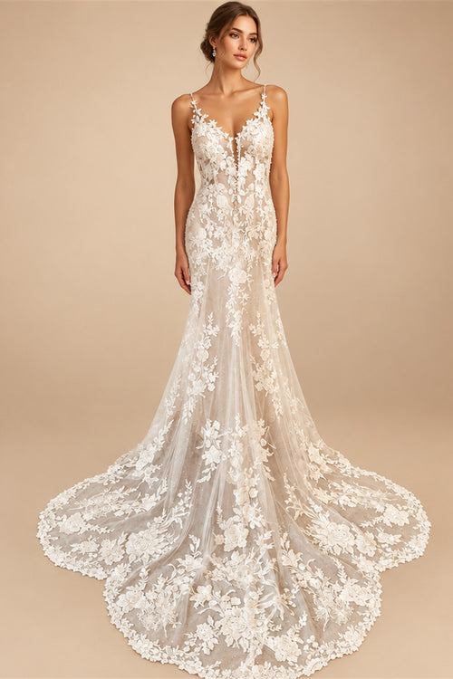 Spaghetti Straps Mermaid Wedding Dresses Champagne Bride Dress