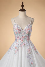 Glamorous White Floral Applique A-Line Tulle Wedding Dress with Train ZP066