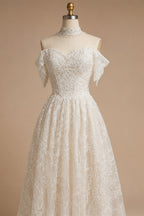 Off White Elegant Lace Pearl Embroidery Ball Gown Wedding Dress ZP168