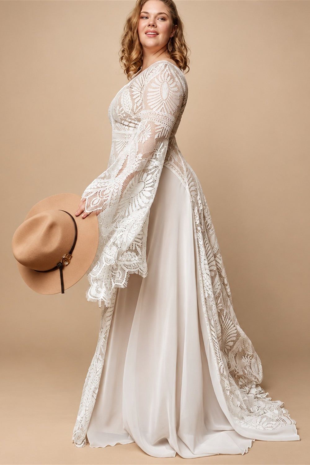Bohemian Boho Wedding Dress Lace Chiffon Long Sleeve V Neck Plus Size Gown