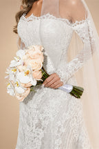 White Beaded Lace Bridal Gown with Off Shoulder Long Sleeves ZP203