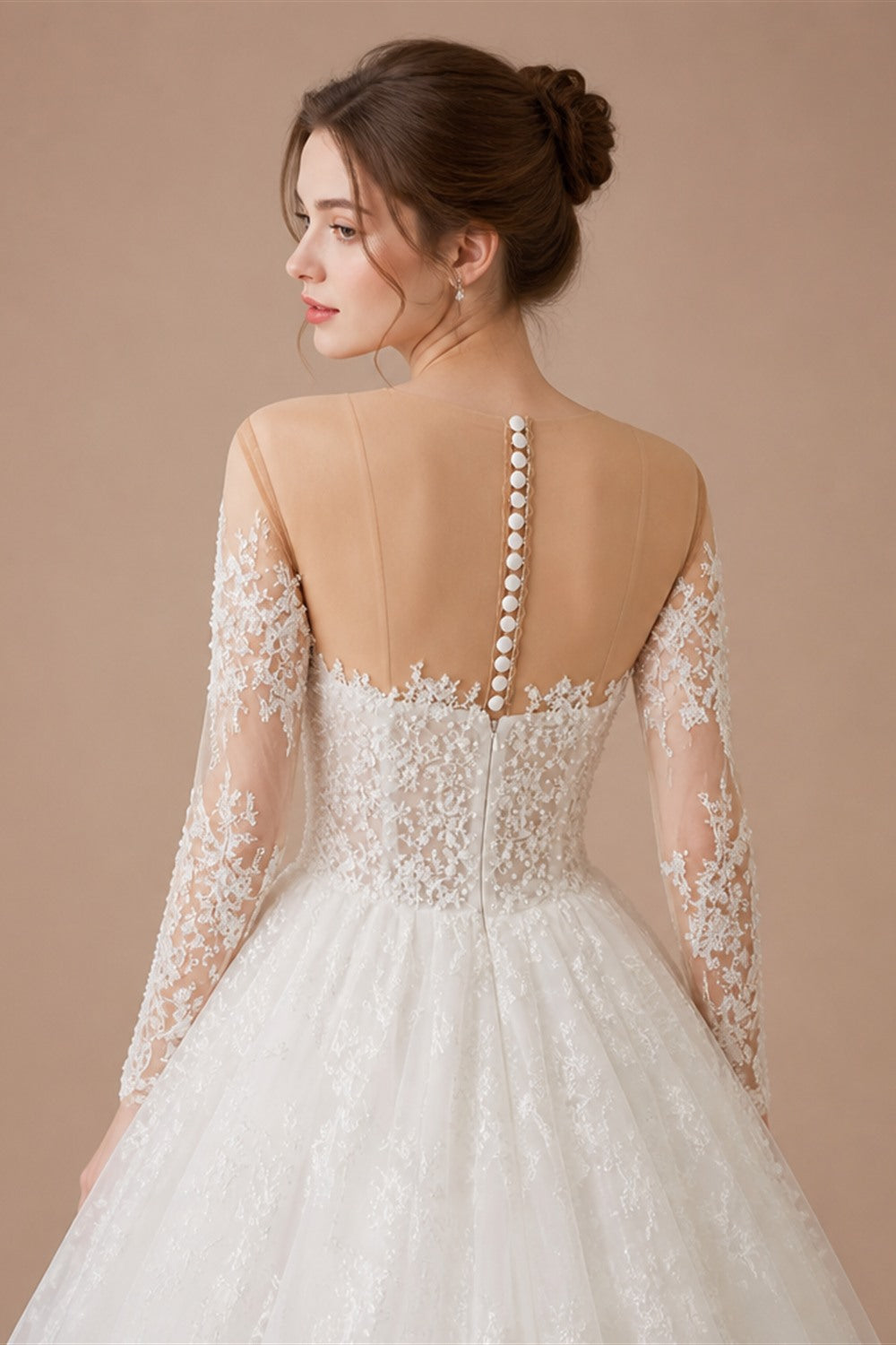 Alonlivn Elegant Silky Lace Of V-Neck Full Sleeve A Line Wedding Dress Beading Pearls Brown Skin Bridal Gowns