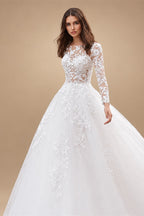 Attractive Tulle Jewel Neckline See-through Bodice A-line Wedding Dress With Lace Appliques & Beadings Long Sleeves Bridal Dress