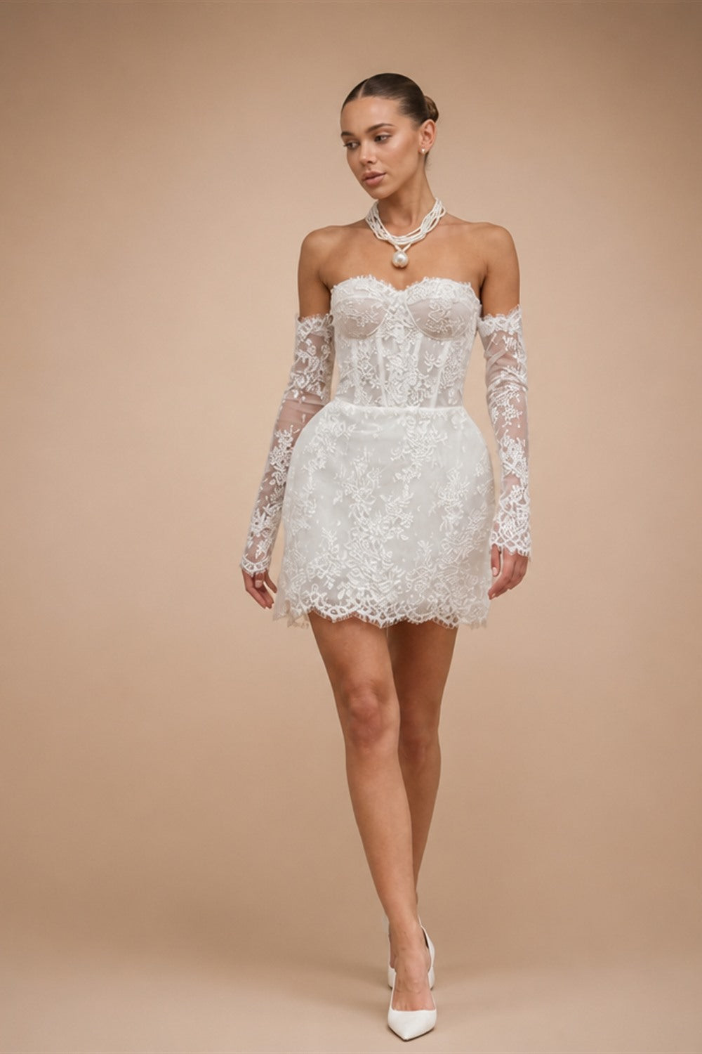 Glamorous A Line Wedding Dress Lace Strapless Removeable Sleeves Celebrate Bridal Gown Short Vestidos De Novia Customized